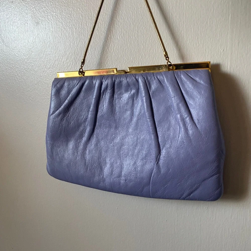 Elbief Vintage Gold Frame Periwinkle Leather Ruched Clutch Evening Bag Purse‎